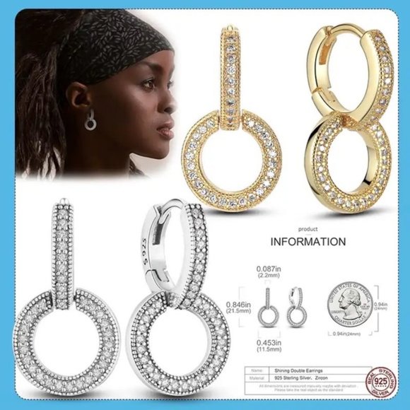 925 Sterling Silver Sparkling Double Cubic Zircon Round Hoop Earrings - Picture 6 of 9